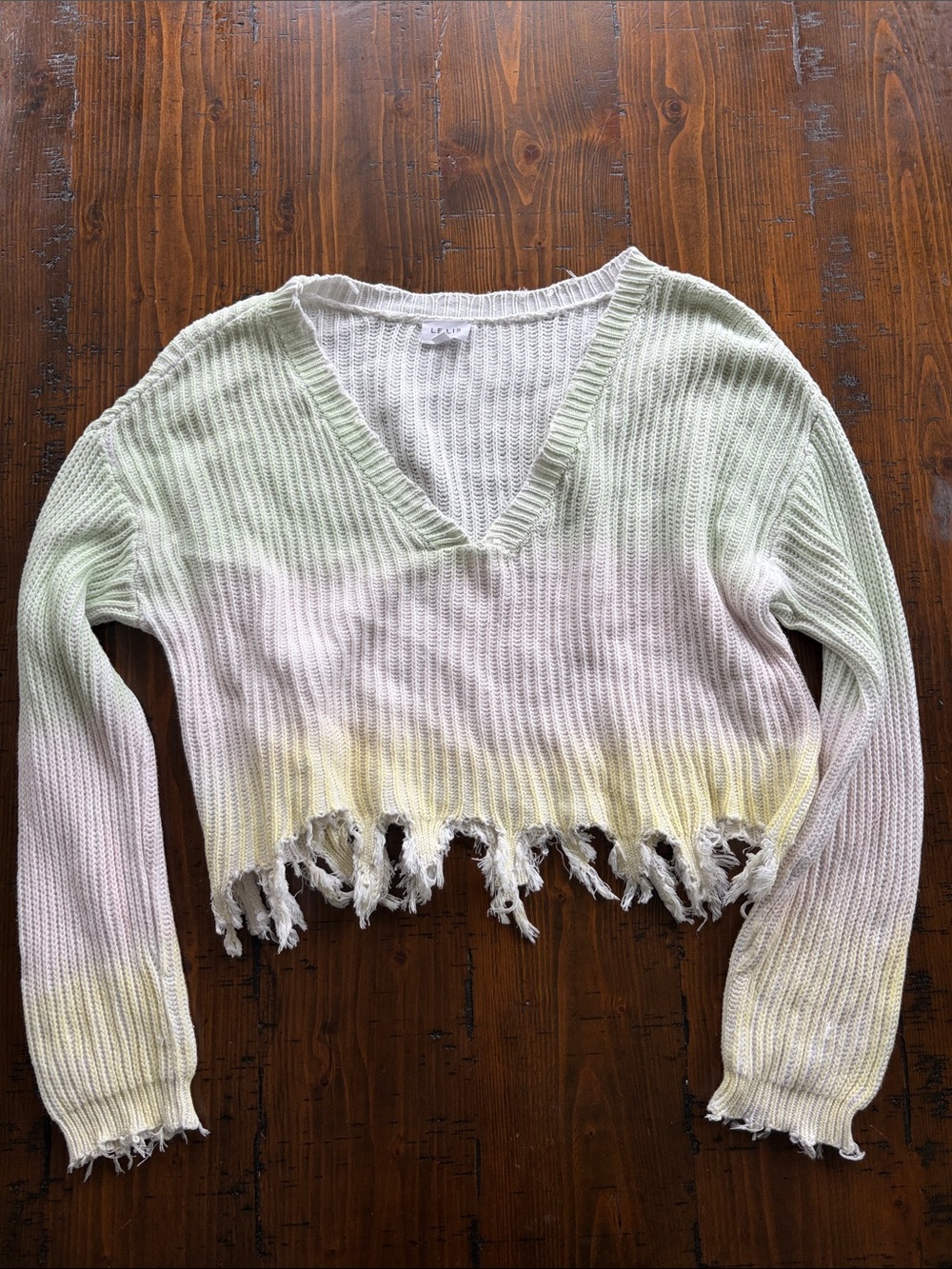 EUC V-Neck Cropped Distressed Sweater in Pastel Green and Yellow